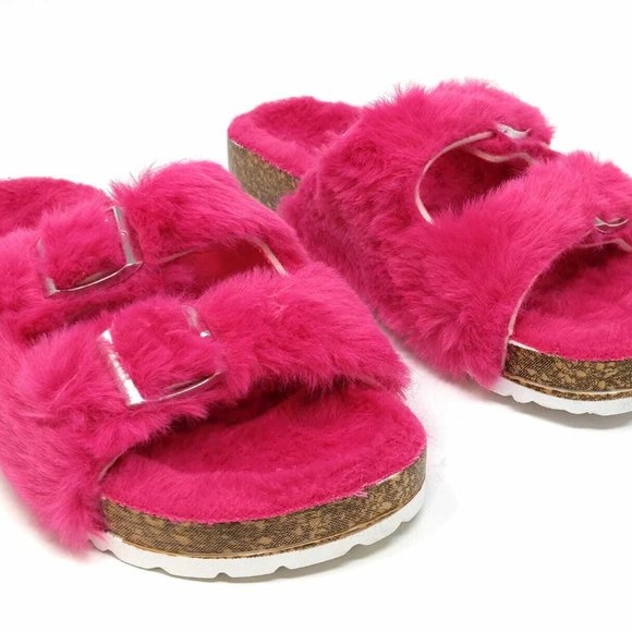 Womens Slippers Double Strap Faux Fur Slippers Double Buckle Open Toe Sandals - Picture 8 of 8